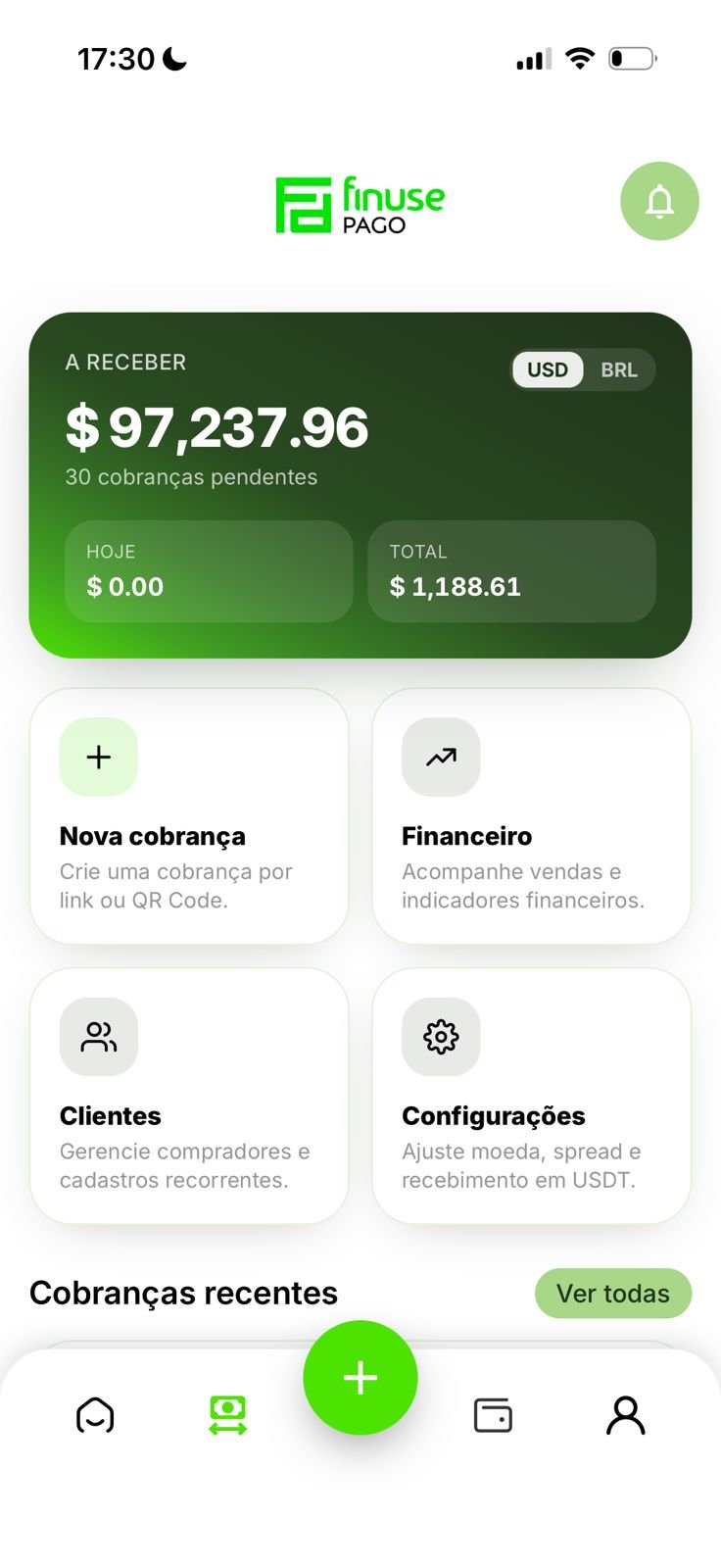 App Finuse Pago: painel com valores a receber, nova cobrança, financeiro, clientes e configurações
